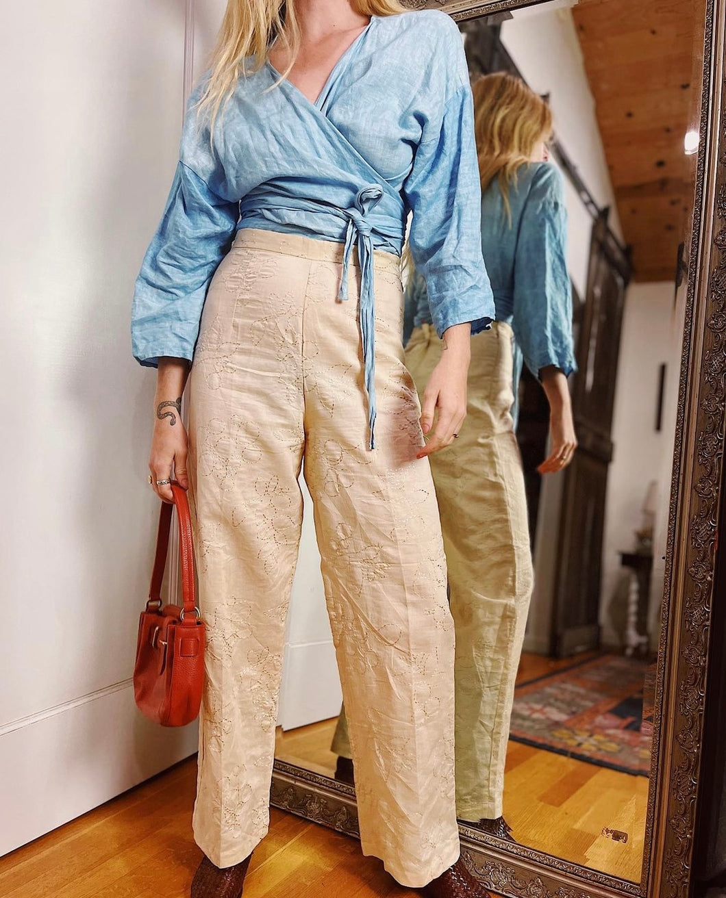 VINTAGE EMBROIDERED RAMIE TROUSERS